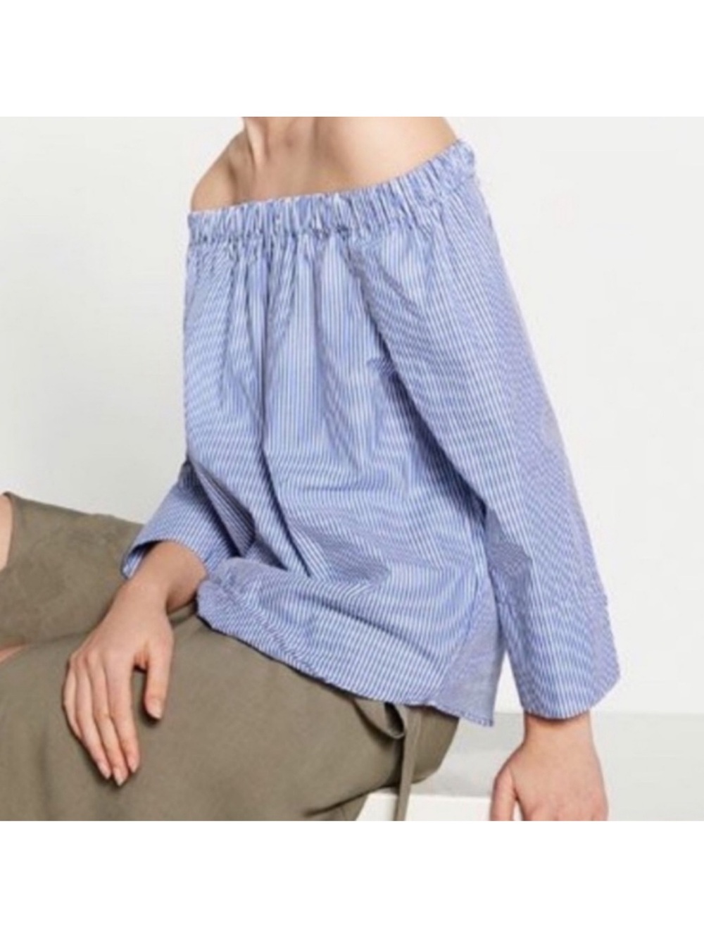 Zara Off The Shoulder Blue and White Striped Poplin Top Size Small